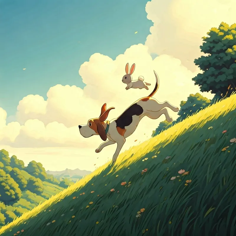 A hound dog and a bunny tumbling down a hill
