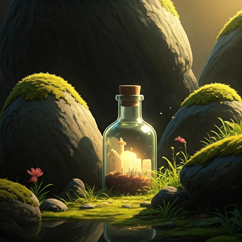 An old bottle nestled between two rocks