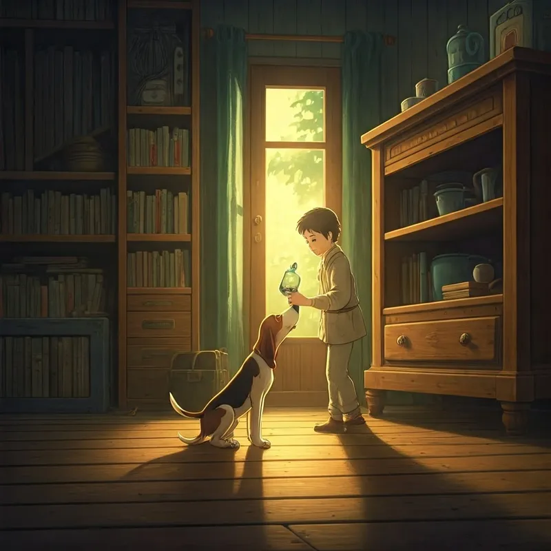 A hound dog opening an old bottle with his nose