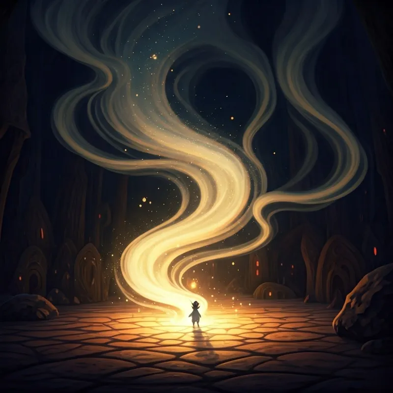 A tiny genie emerging from sparkly smoke