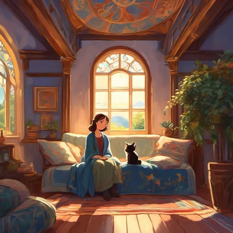 Emily and A talking blanket, soft and comforting, with a friendly smile in a grand hall filled with tapestries.