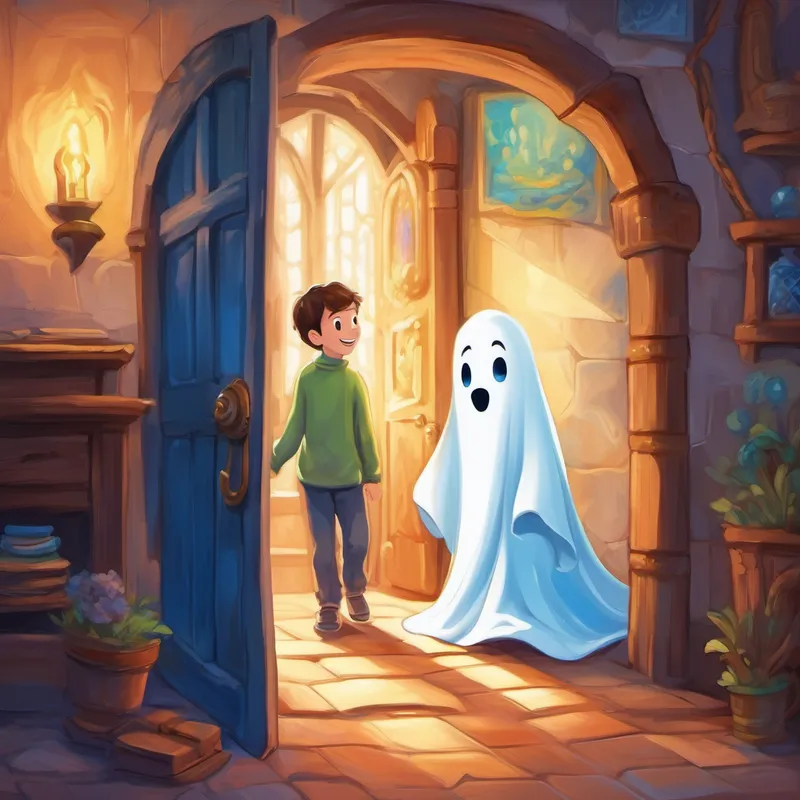 Emily and A talking blanket, soft and comforting, with a friendly smile with A friendly ghost with a mischievous smile and twinkling blue eyes, the friendly castle ghost, exploring hidden rooms.