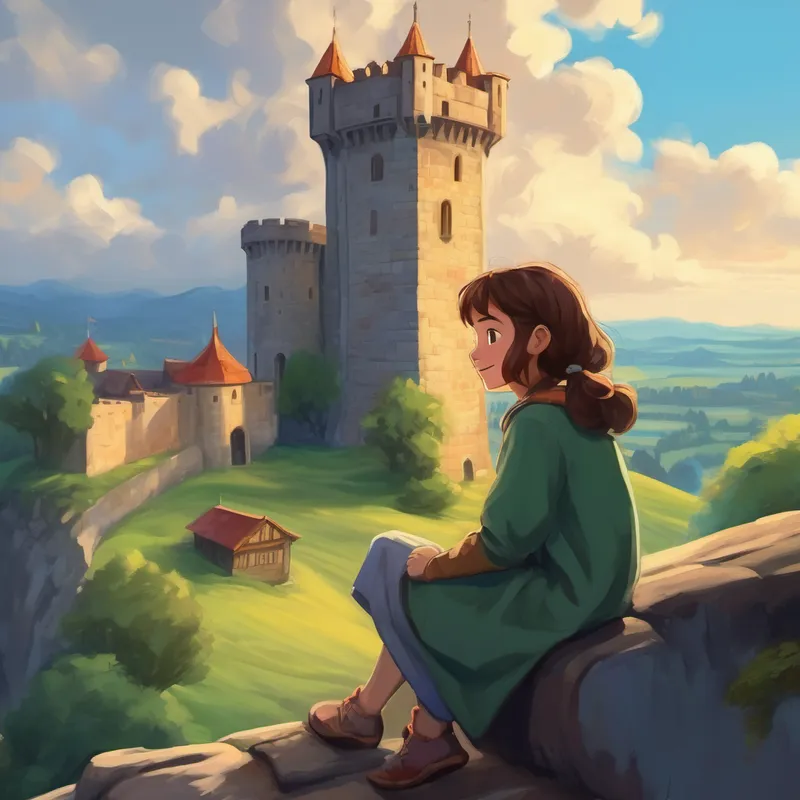 Emily and A talking blanket, soft and comforting, with a friendly smile at the top of the castle tower, enjoying the view.