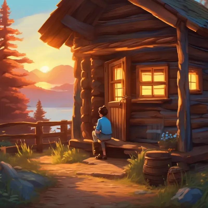 At sunset, Bright blue eyes, brown hair, curious nature discovered an old cabin, sparking his curiosity.