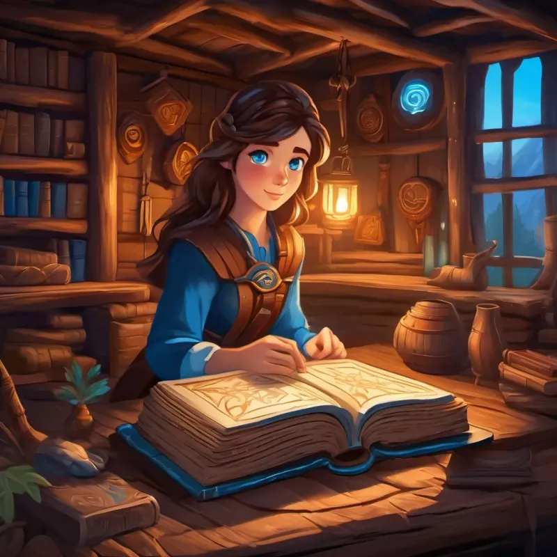 Bright blue eyes, brown hair, curious nature finds an ancient book bound in leather with strange symbols inside the old cabin.