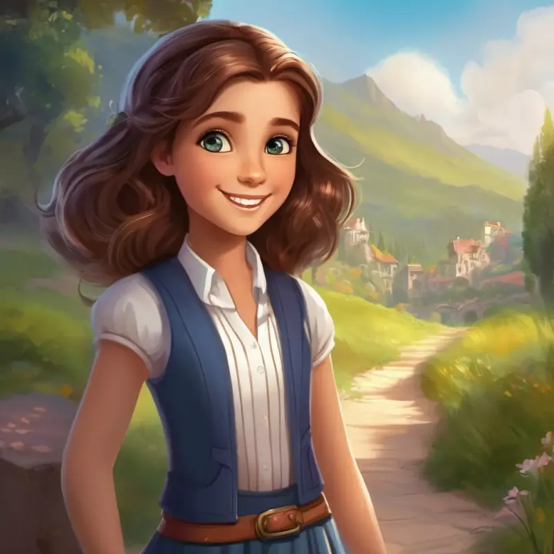 Introduction to the main character, Curious girl with brown hair, bright eyes, and a beaming smile, and the setting of the story.