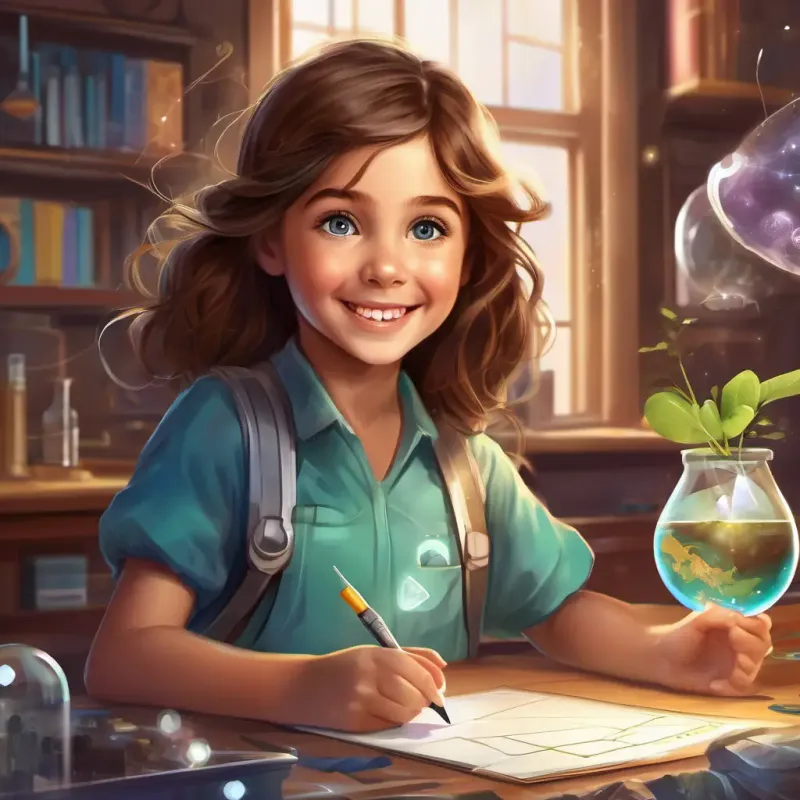 Curious girl with brown hair, bright eyes, and a beaming smile's enthusiasm for science and exploration.