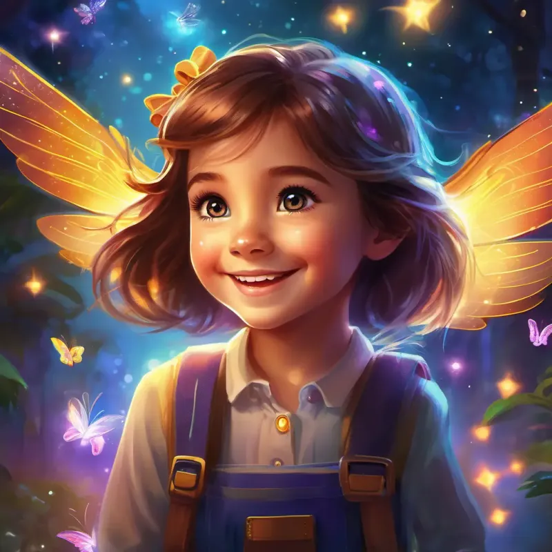Introduction of the magical Tiny, sparkling creatures with shimmering wings and glowing, colorful lights and Curious girl with brown hair, bright eyes, and a beaming smile's incredible discovery.