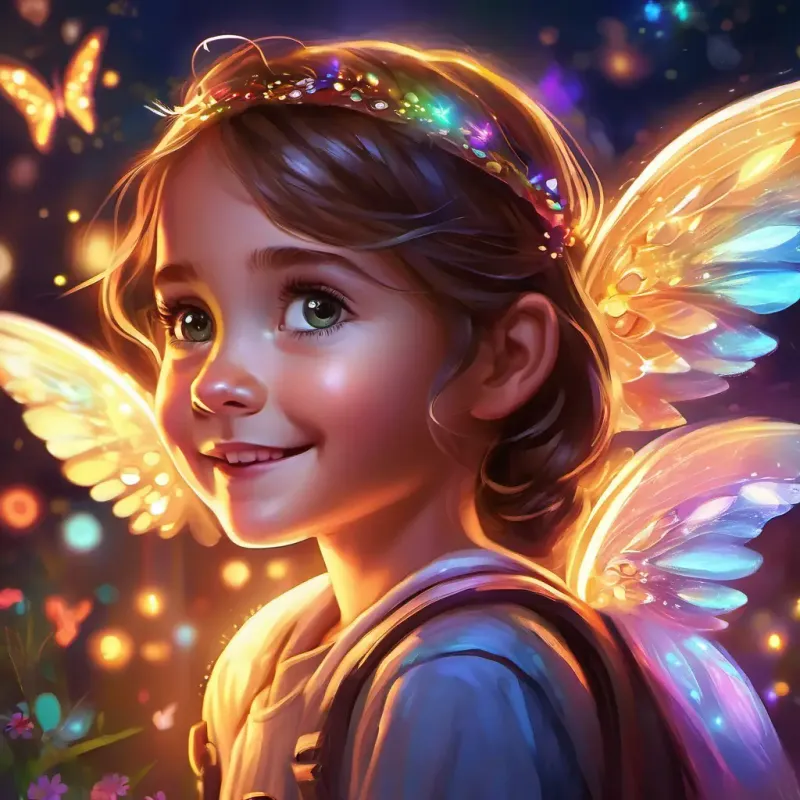 Curious girl with brown hair, bright eyes, and a beaming smile's wonder and fascination with the Tiny, sparkling creatures with shimmering wings and glowing, colorful lights' glowing lights.