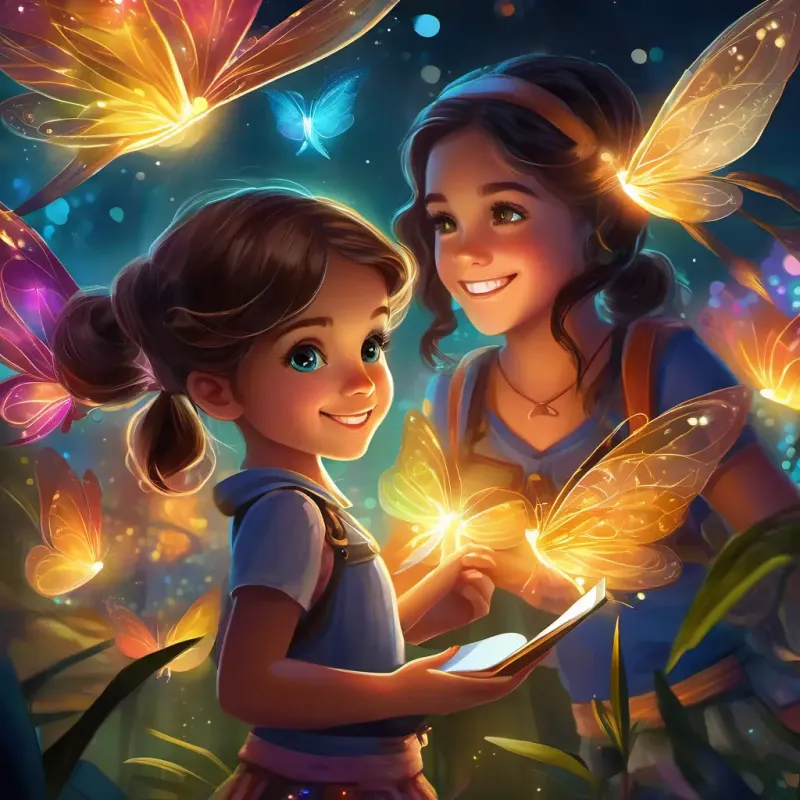 Curious girl with brown hair, bright eyes, and a beaming smile's determination to engage with the Tiny, sparkling creatures with shimmering wings and glowing, colorful lights and her clever plan.
