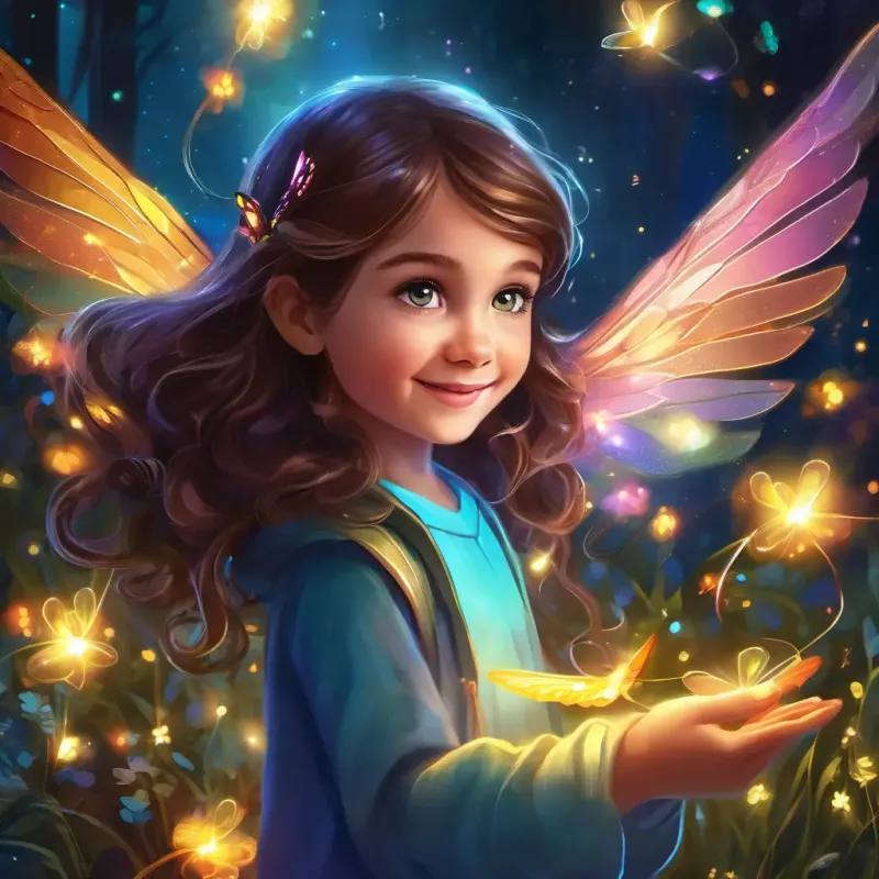 Curious girl with brown hair, bright eyes, and a beaming smile's successful interaction with the Tiny, sparkling creatures with shimmering wings and glowing, colorful lights and their magical communication.