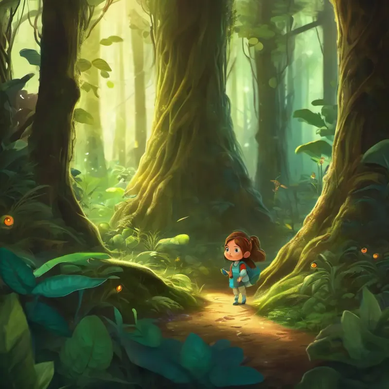 Curious girl with brown hair, bright eyes, and a beaming smile's exploration of the enchanting Microbug habitat in the ancient forest.