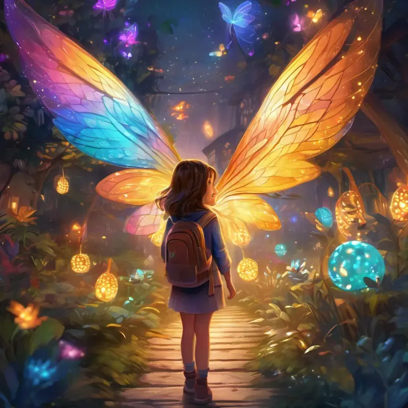 Curious girl with brown hair, bright eyes, and a beaming smile's admiration for the Tiny, sparkling creatures with shimmering wings and glowing, colorful lights' complex social structures and magical environments.