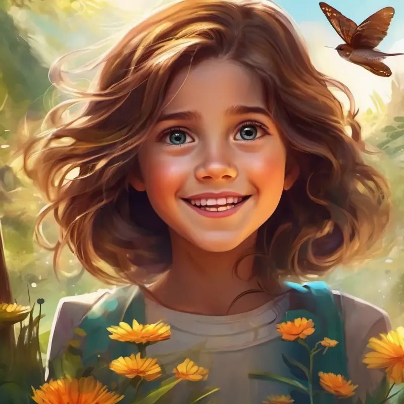 Curious girl with brown hair, bright eyes, and a beaming smile's emotional experience of connection and amazement with the natural world.