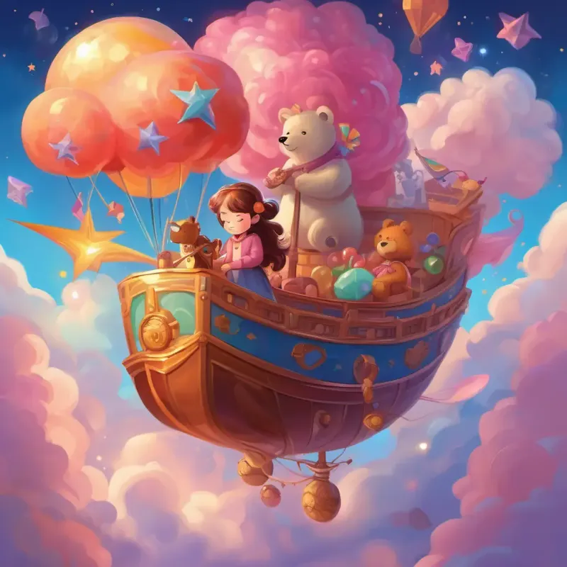 Girl with wand on cloud ship, teddy bear, sleeping dragons, candy mountains, dancing star disco