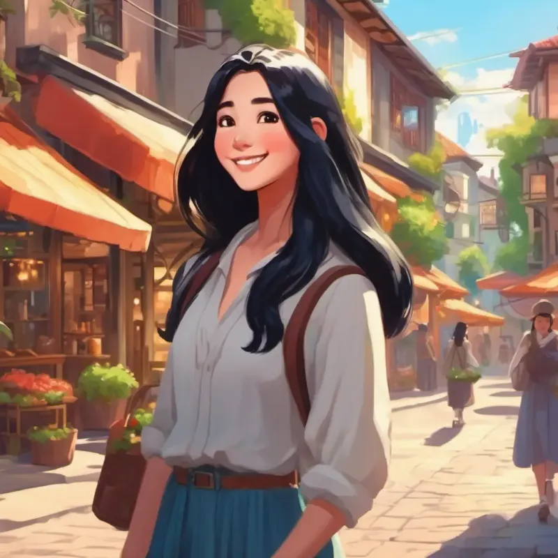 Introduction to Bright-eyed girl with long black hair and a warm, inviting smile, a morning in her town.