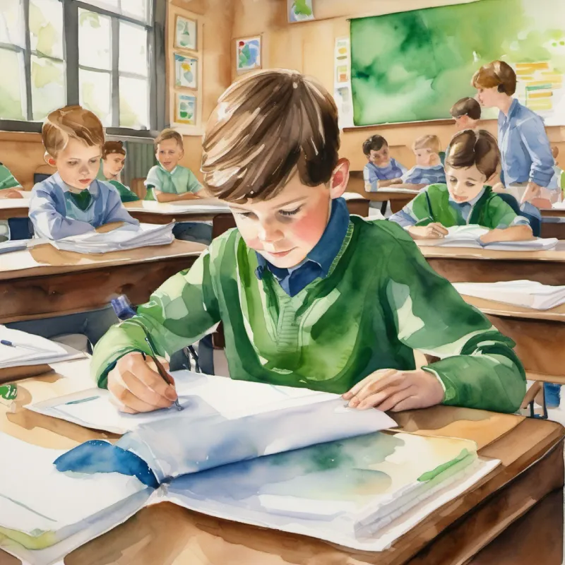 Curious boy, eager to learn, short brown hair, green eyes learns about artificial respiration in class; classroom setting.