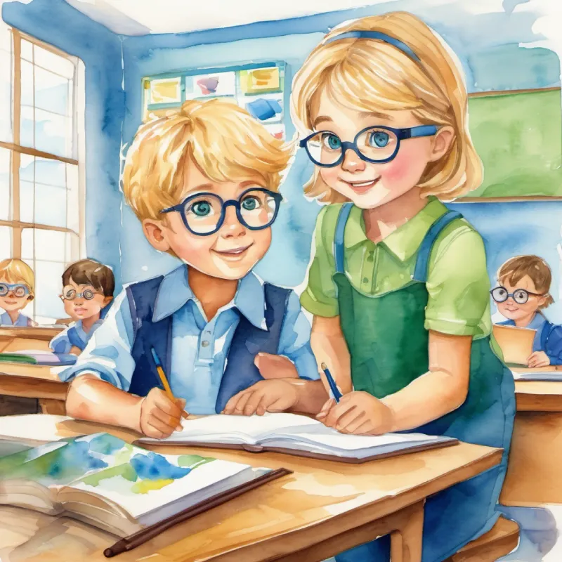 Kind-hearted teacher, glasses, blonde hair, blue eyes introduces Curious boy, eager to learn, short brown hair, green eyes to artificial respiration; classroom setting with Kind-hearted teacher, glasses, blonde hair, blue eyes teaching.