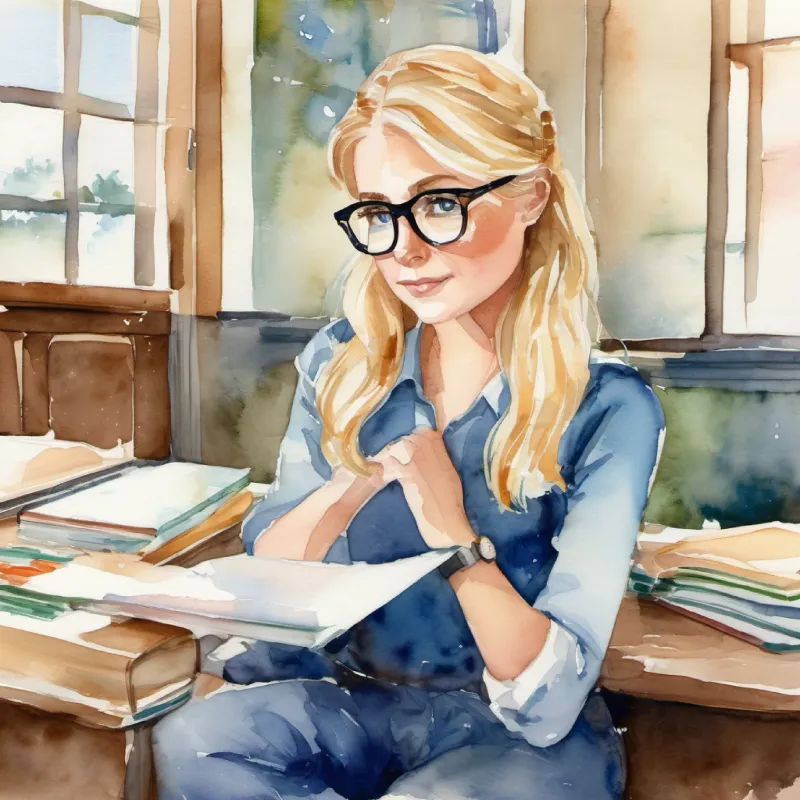 Kind-hearted teacher, glasses, blonde hair, blue eyes gives an important reminder; serious conversation at school.