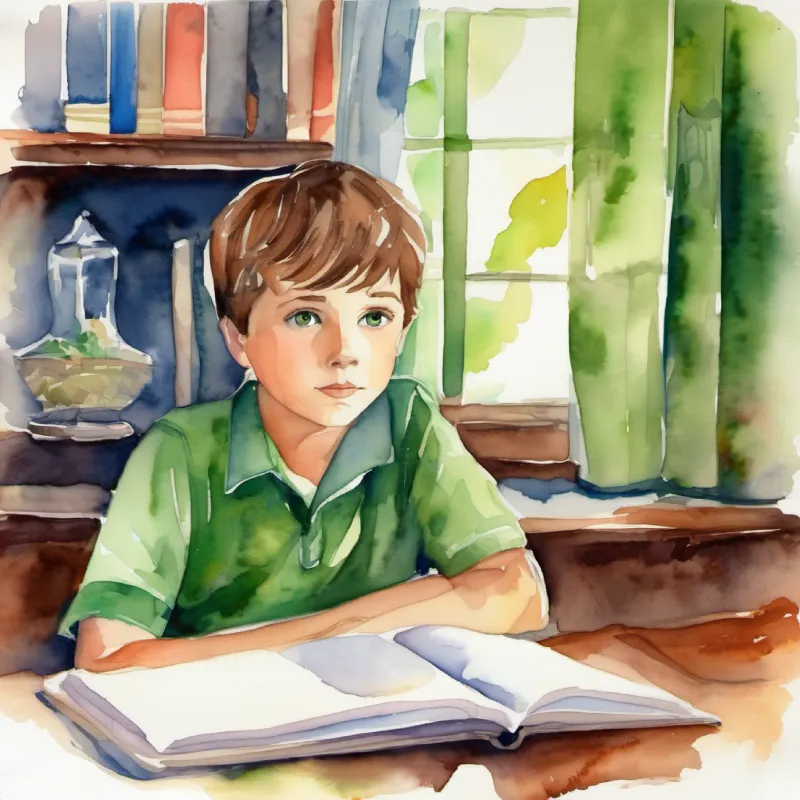 Curious boy, eager to learn, short brown hair, green eyes dreams of saving lives; Curious boy, eager to learn, short brown hair, green eyes going to sleep with hopeful thoughts.