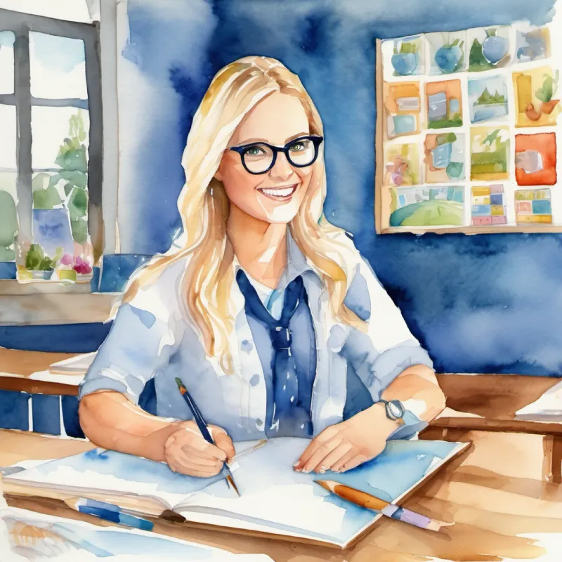 Kind-hearted teacher, glasses, blonde hair, blue eyes details mouth-to-mouth method; classroom learning session.