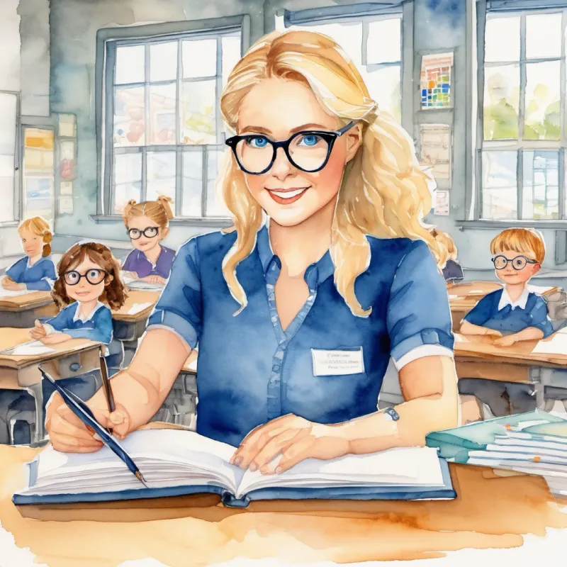 Kind-hearted teacher, glasses, blonde hair, blue eyes explains the role of machines; classroom setting.