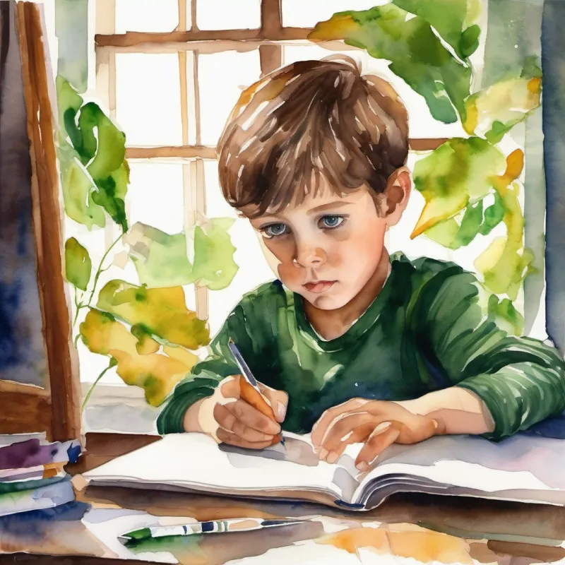 Curious boy, eager to learn, short brown hair, green eyes feels inspired by the lesson; at home reflecting on the day.