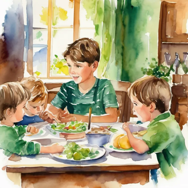 Curious boy, eager to learn, short brown hair, green eyes tells his family about the lesson; family dinner conversation.