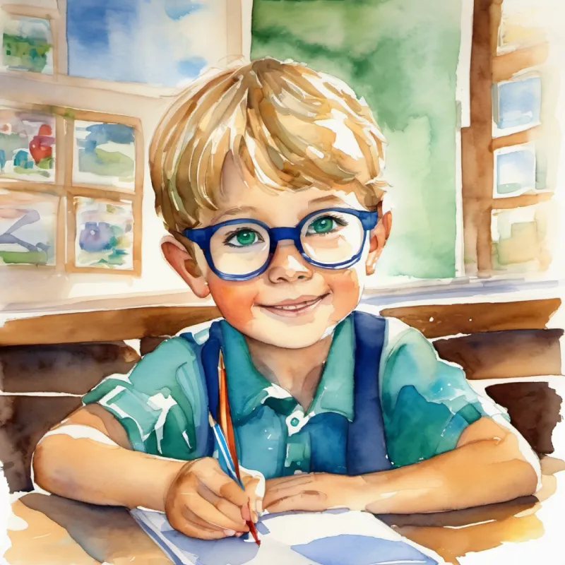 Curious boy, eager to learn, short brown hair, green eyes thanks Kind-hearted teacher, glasses, blonde hair, blue eyes; conversation at school.