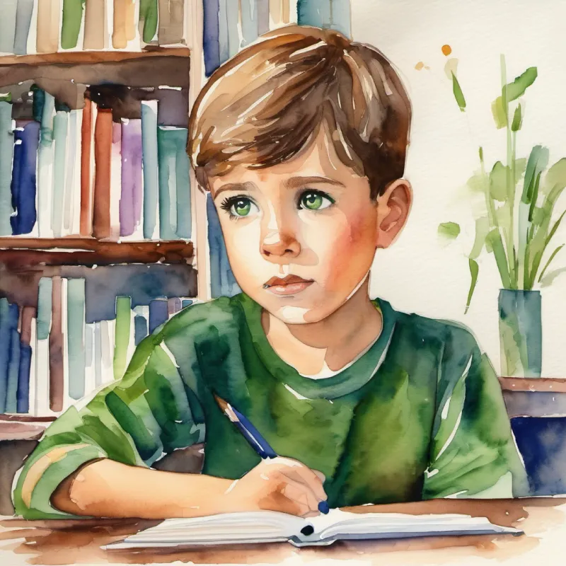 Curious boy, eager to learn, short brown hair, green eyes inquires about further learning; continuation of the school conversation.