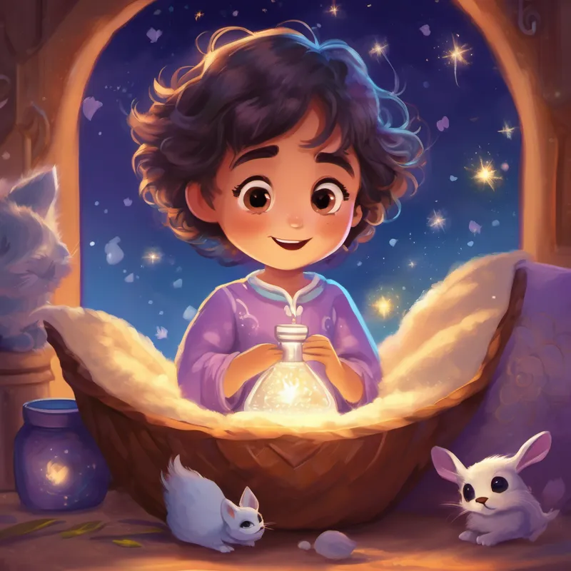 Coco understood Tommy's worry and said, "Don't worry, little friend. I have just the solution for you!" She reached into her magical pouch and pulled out a small vial filled with sparkly lavender dust. "This is my special sleepy dust, Tommy. It will help you have sweet dreams and give you a peaceful night's rest." Tommy's eyes widened with excitement as Coco waved her wings over his head, gently sprinkling the magical dust all around him. Suddenly, Tommy felt as light as a feather, and an overwhelming sense of relaxation washed over him.