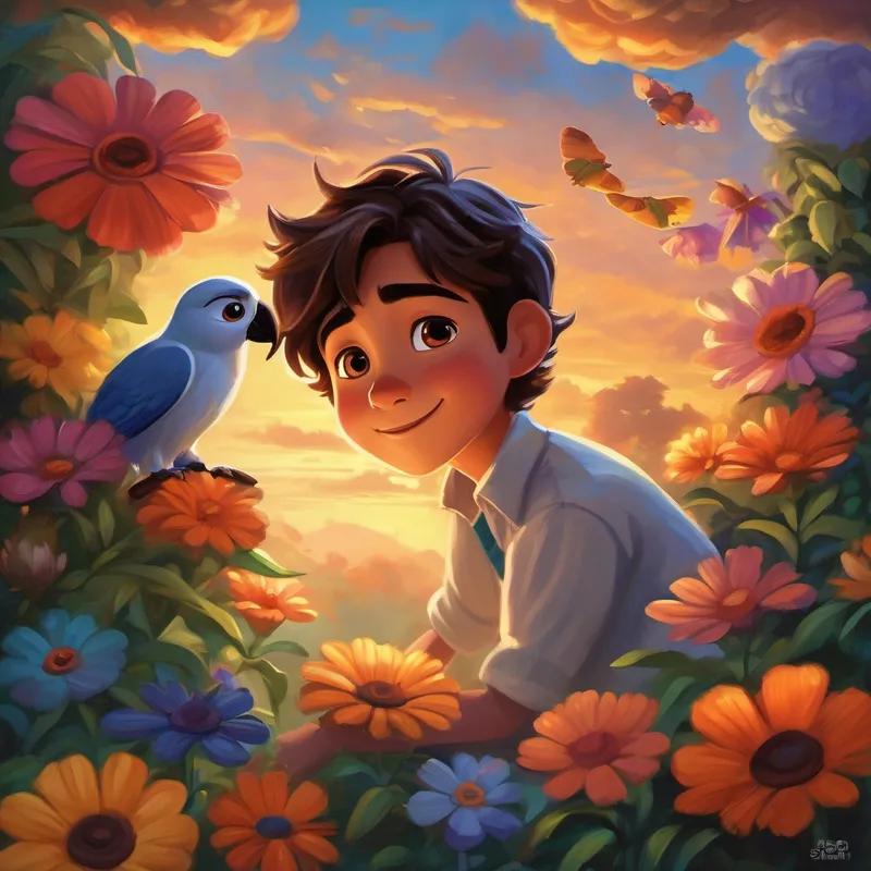 Coco whispered, "Now, when you lay down to sleep, close your eyes and imagine the happiest place you can think of. In this special place, nothing can harm you, and you'll have the most wonderful dreams." That night, Tommy followed Coco's advice and drifted off into the most beautiful dreamland. He found himself floating on a soft, fluffy cloud filled with colorful flowers and friendly animals. Coco was there too, flying alongside him, spreading even more magical dust so that everyone's dreams would be extra special.