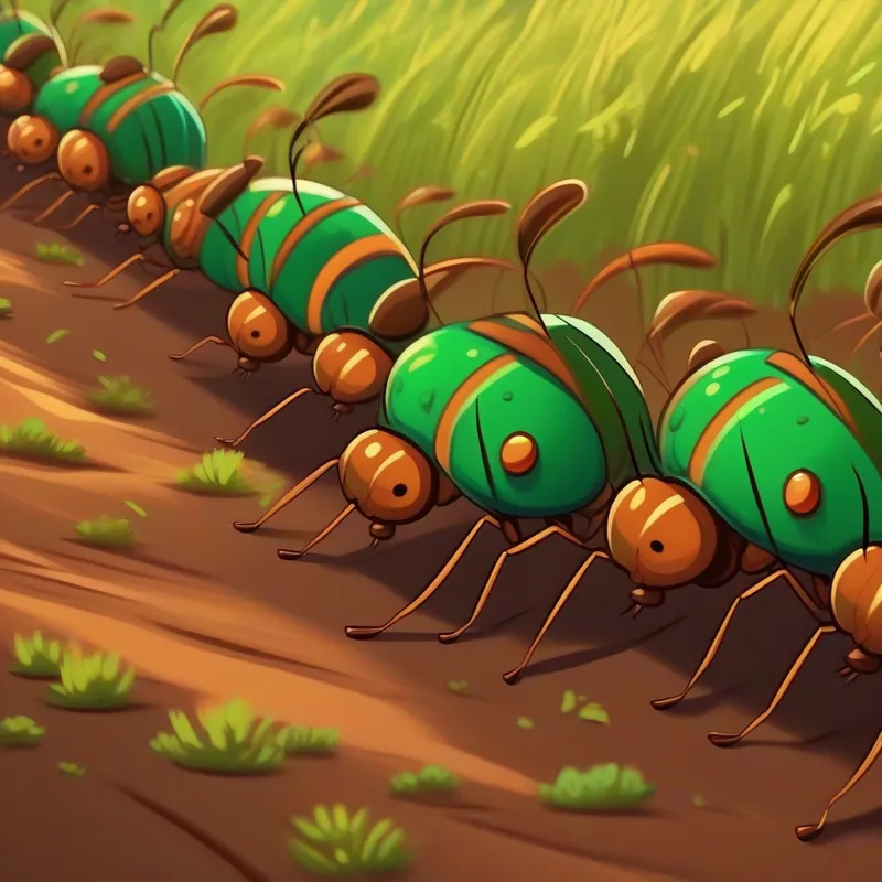 A line of ants marching, colors: brown, green