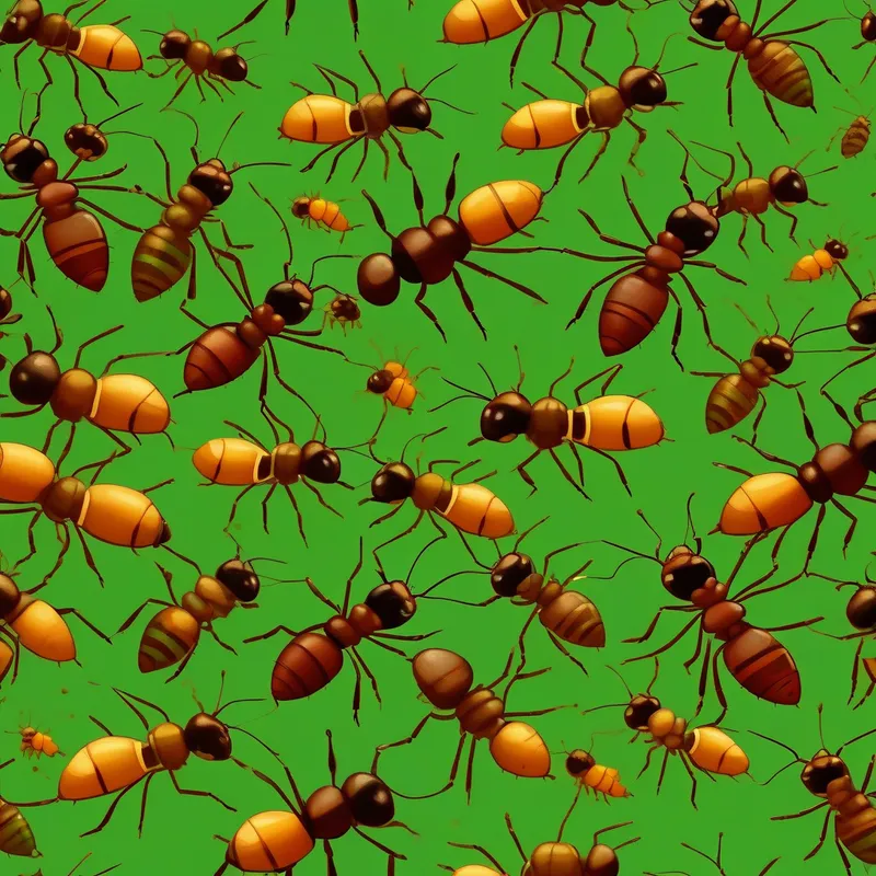 Tiny brown ants, hardworking and determineds carrying food, colors: brown, green