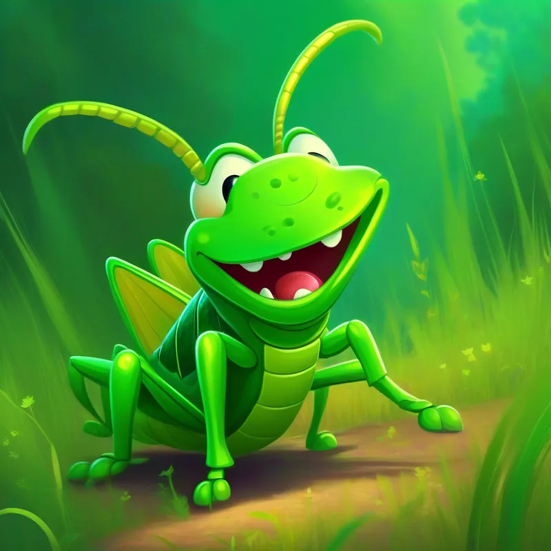 Mischievous green grasshopper laughing, colors: green