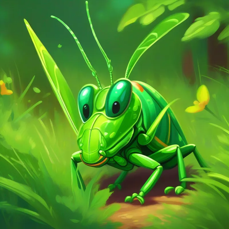 Mischievous green grasshopper hopping, colors: green