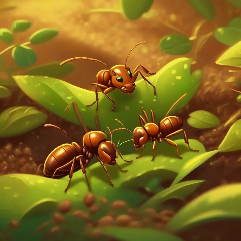 Tiny brown ants, hardworking and determined talking to grasshopper, colors: brown, green