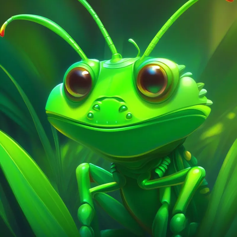Mischievous green grasshopper apologizing, colors: green