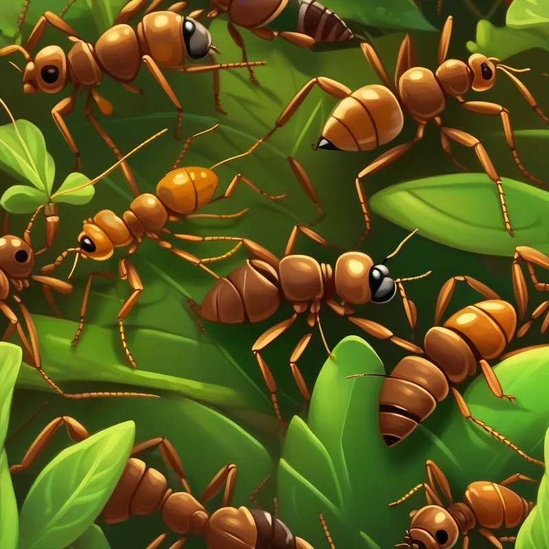 Tiny brown ants, hardworking and determineds and grasshopper living peacefully, colors: brown, green