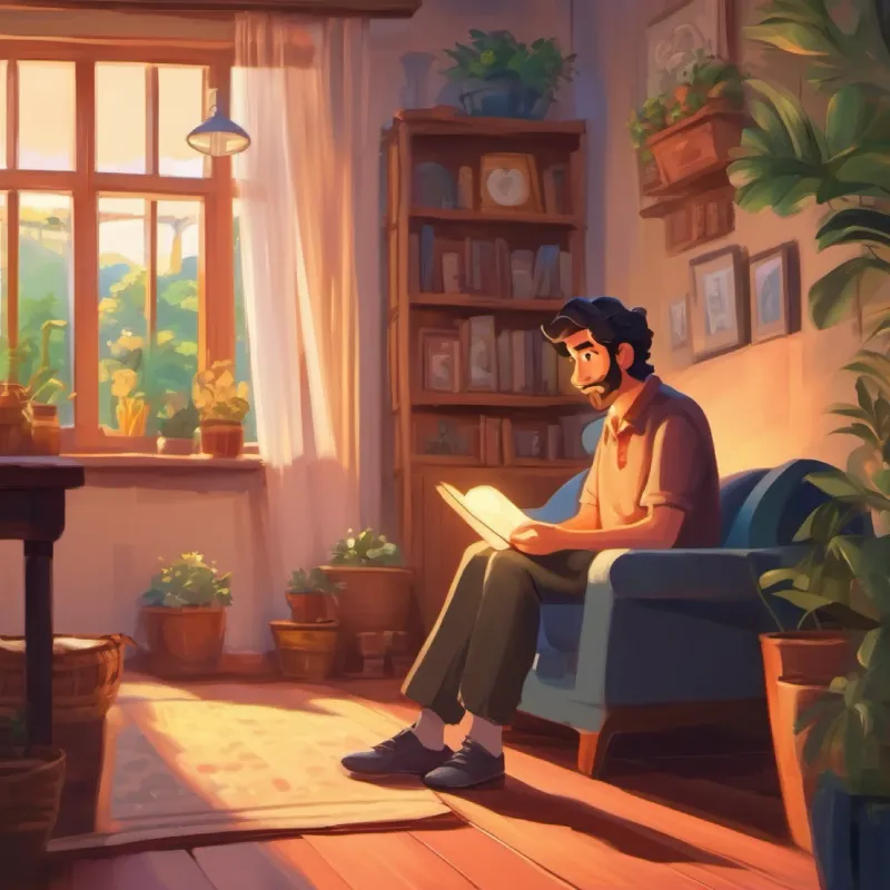 Antonio thinking about his loved ones while at home, feeling happy.