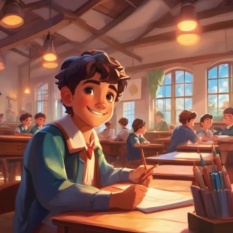 Antonio at school, paying attention in science class with a smile.
