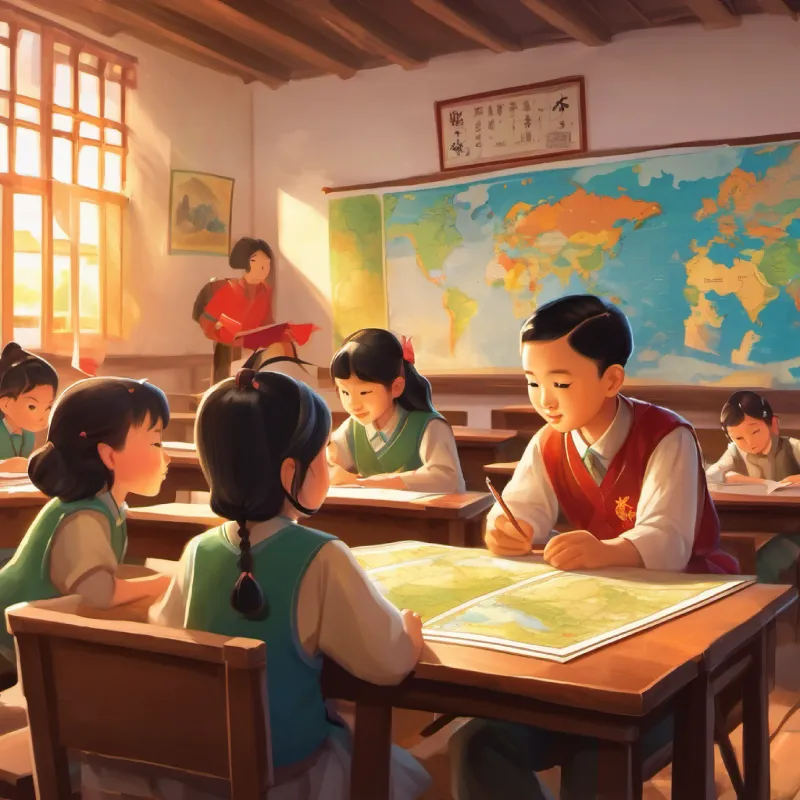 Classroom setting with a lesson about China, students looking at a map.