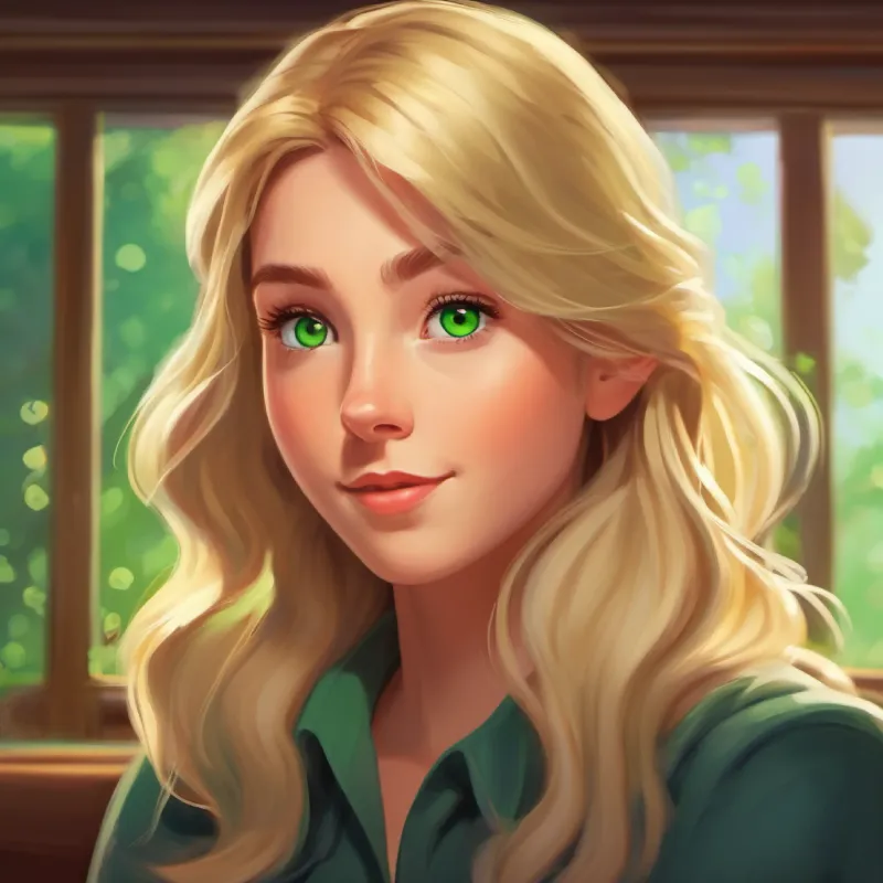 blonde hair, green eyes, kind face talking to the class about the upcoming project.