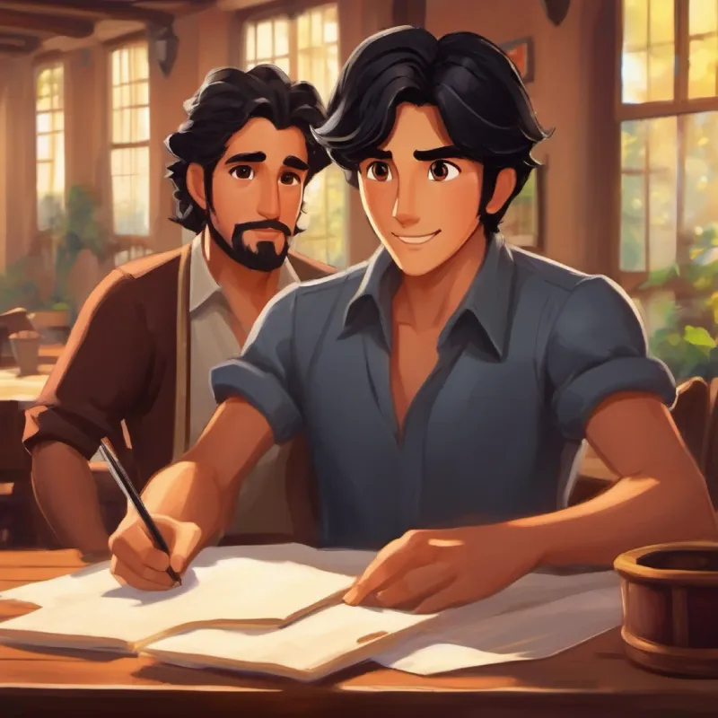 Antonio and black hair, brown eyes, friendly look discussing their project plans happily.