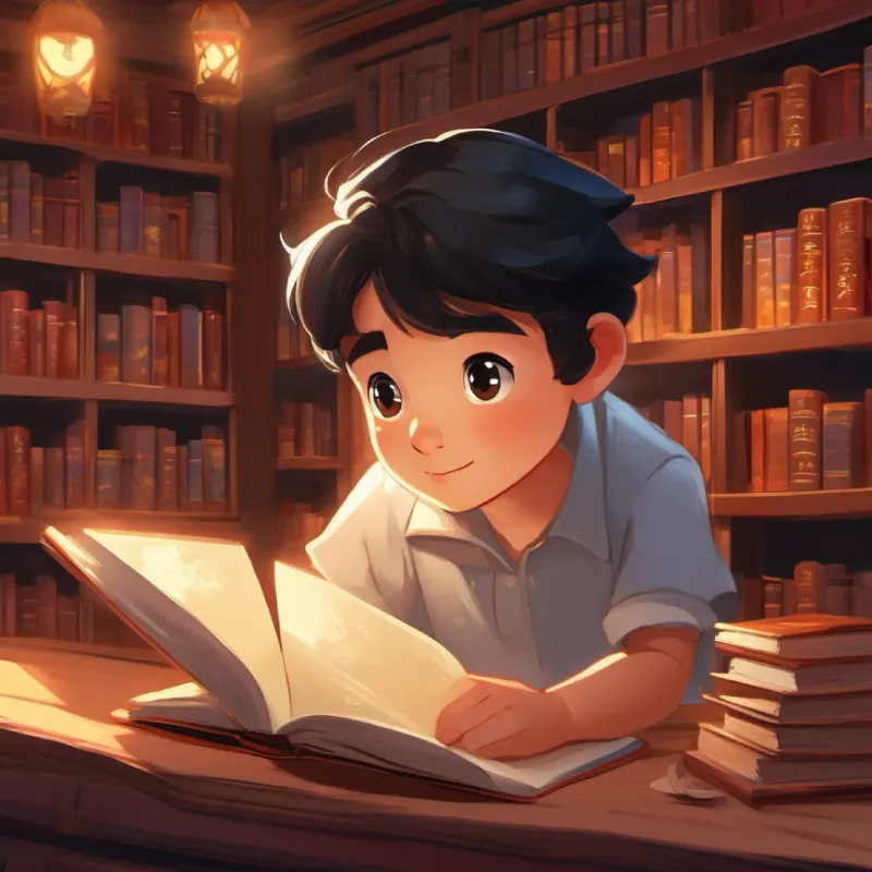 Library setting, Antonio and black hair, brown eyes, friendly look looking through books with pictures of China.