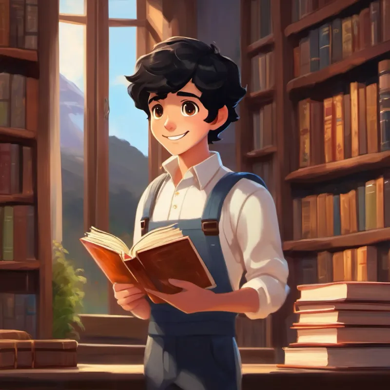 Antonio and black hair, brown eyes, friendly look finding information in books, looking excited.