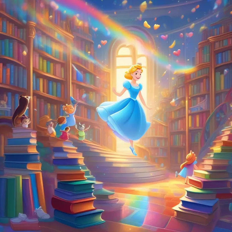 Cinderella, kind-hearted and brave, blue dress and glass slippers. smiling, surrounded by books and friends, rainbow and joyful.