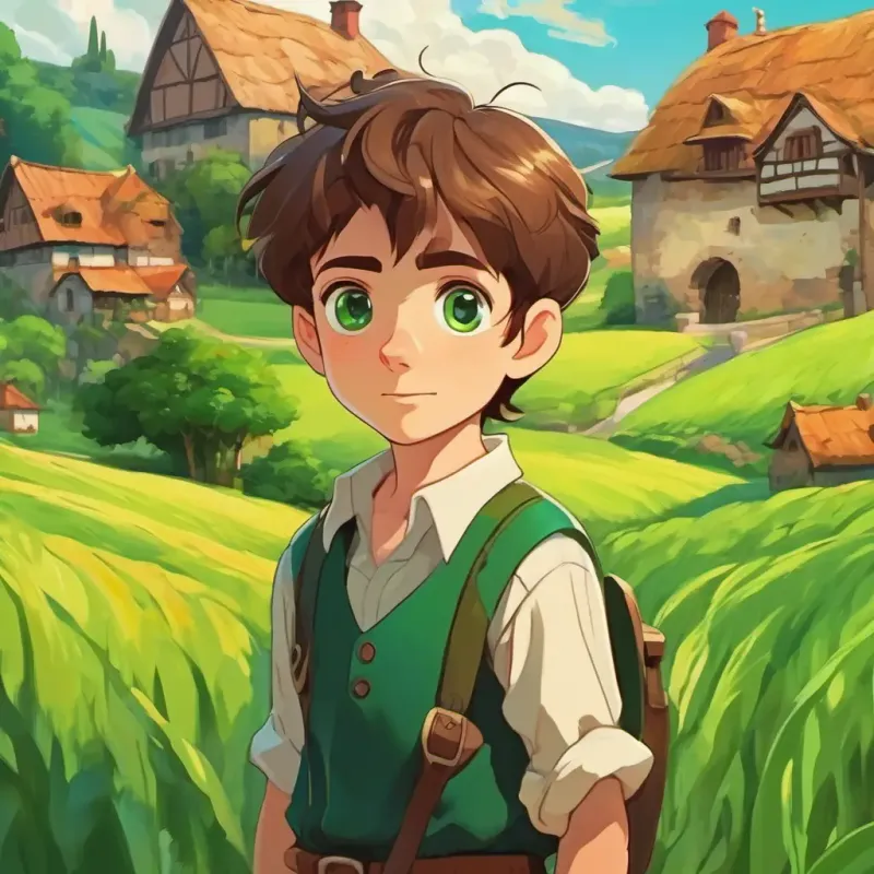 A small village with houses and green fields. Brown hair, bright green eyes, brave and determined boy with brown hair and bright green eyes.