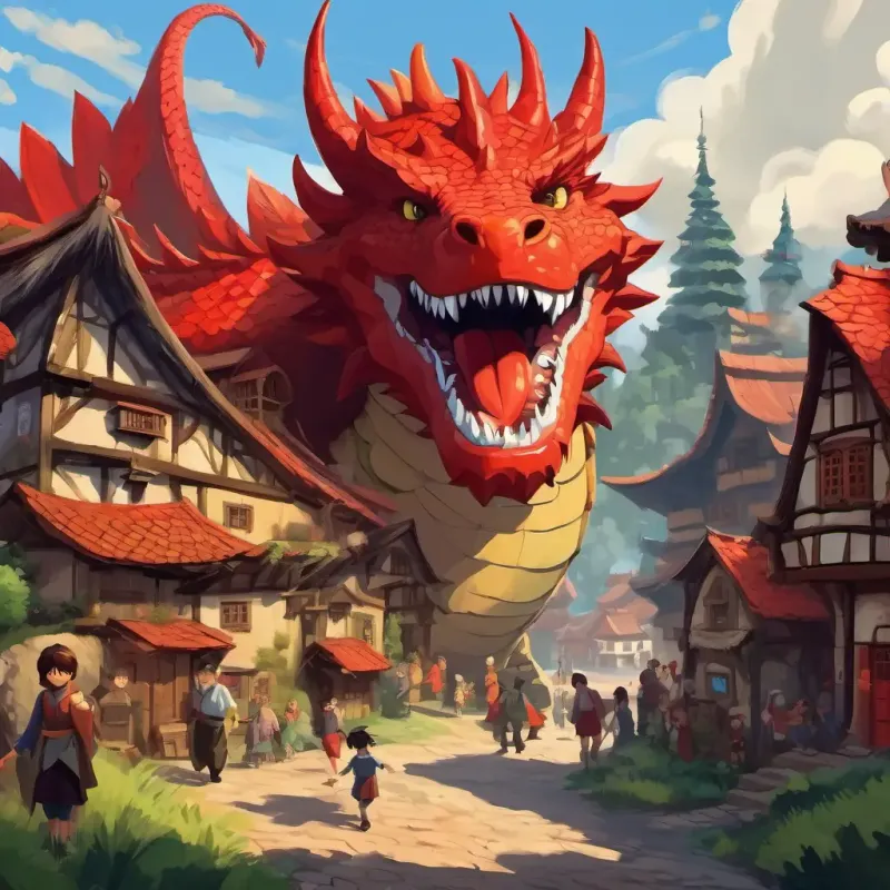 The village with scared people and a big dragon with red scales and a scary roar.