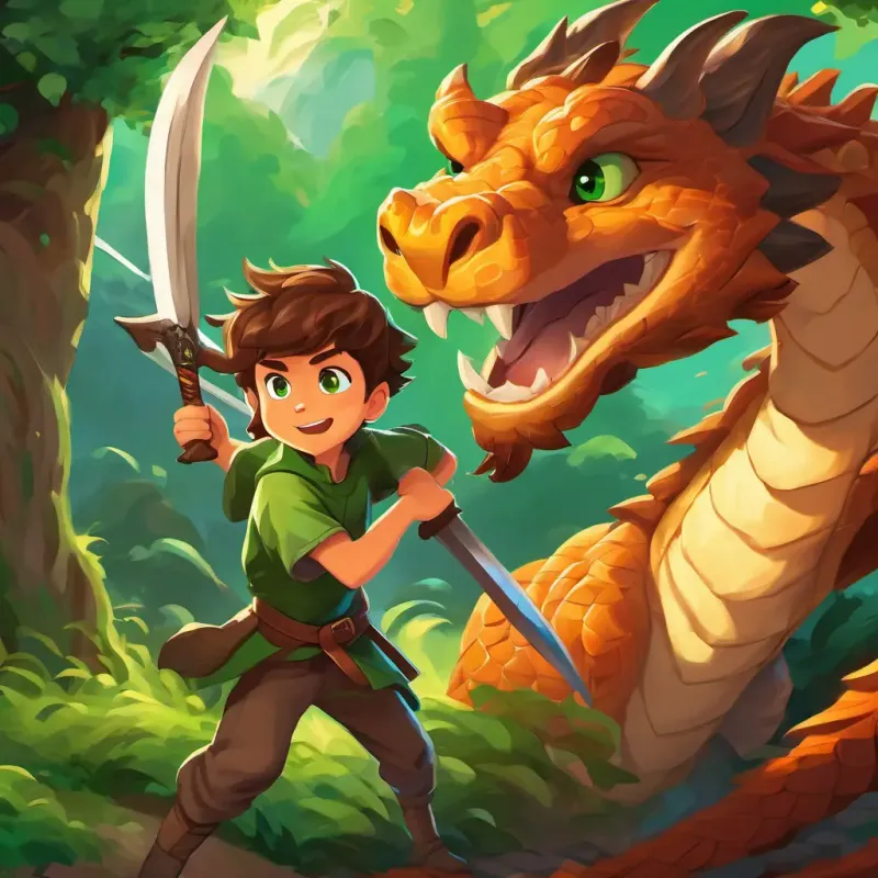 Brown hair, bright green eyes, brave and determined boy holding a sword and bravely fighting the dragon with determination.
